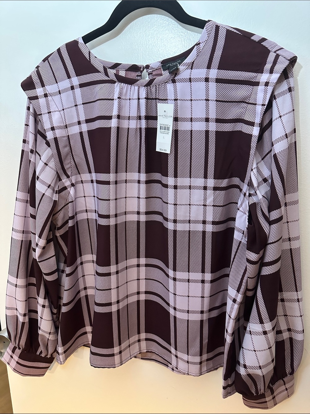 Ann Taylor Pink and Burgundy Plaid Long-Sleeve Blouse